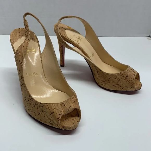 Christian Louboutin Shoes - Christian Louboutin Peep Toe Sling Back Light Brown Cork Heels Size 35.5 | 5.5